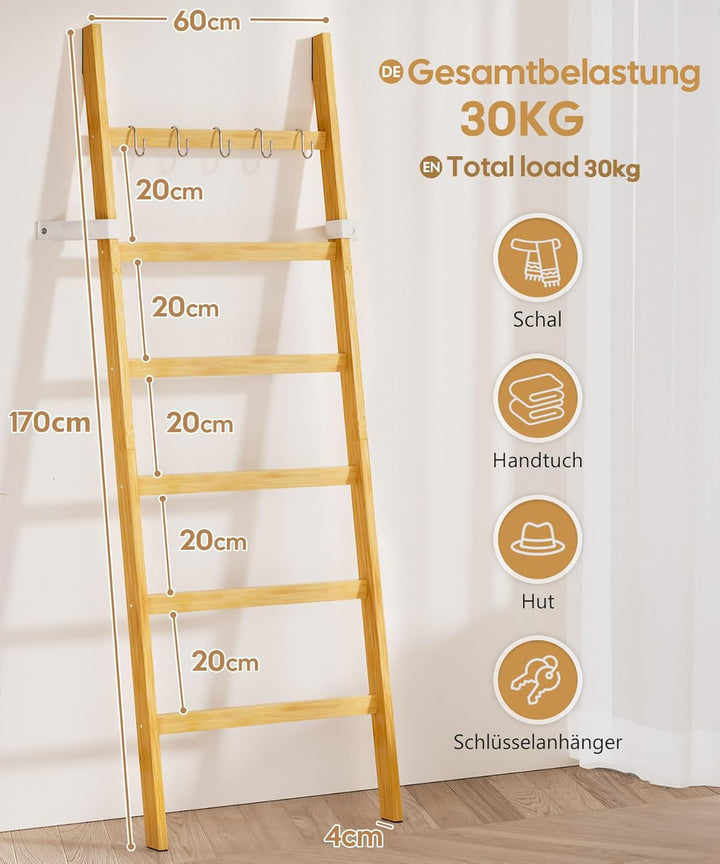 Yorbay Handtuchleiter Bambus 6 Sprossen: Kleiderleiter mit 2 Sturzsicherheitsriemen und 5 Haken - De