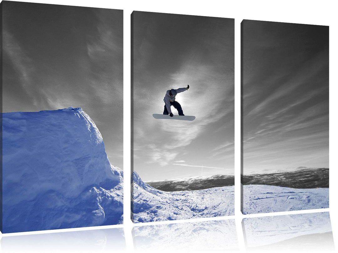 Pixxprint Snowboard Sprung Extremsport als Leinwandbild | Grösse: 3 Teilig (120x80) | Wandbild| Kuns