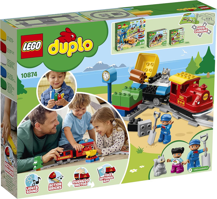 LEGO 10874 DUPLO Dampfeisenbahn, Spielzeugeisenbahn mit Licht & Geräuschen und Push-&-Go-Motor, Spie