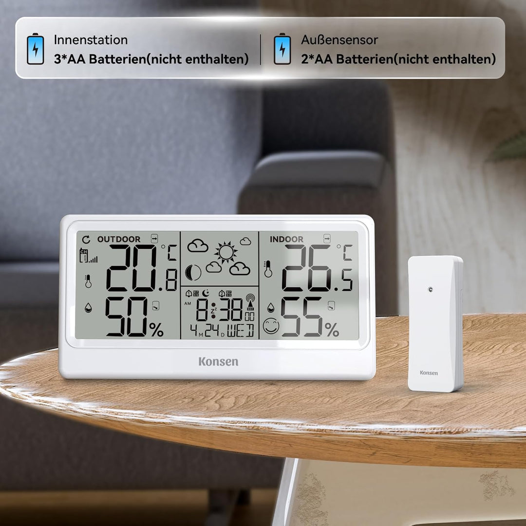 Funk-Wetterstation mit Aussensensor – DCF Funkuhr, Digitales Thermo-Hygrometer (Batteriebetrieb) für