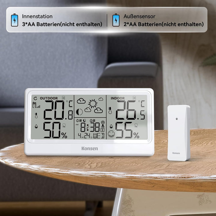 Funk-Wetterstation mit Aussensensor – DCF Funkuhr, Digitales Thermo-Hygrometer (Batteriebetrieb) für
