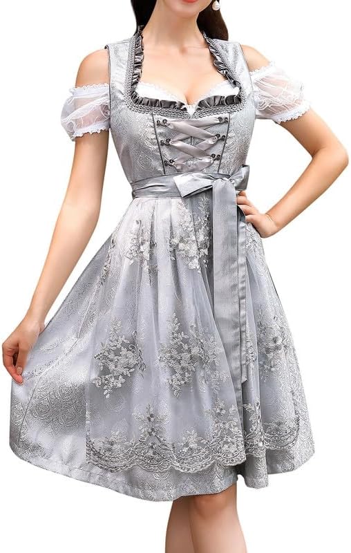Clearlove Dirndl Damen Midi Trachtenkleid 3tlg mit Schürze und Bluse Trachtenmode Kleid für Oktoberf