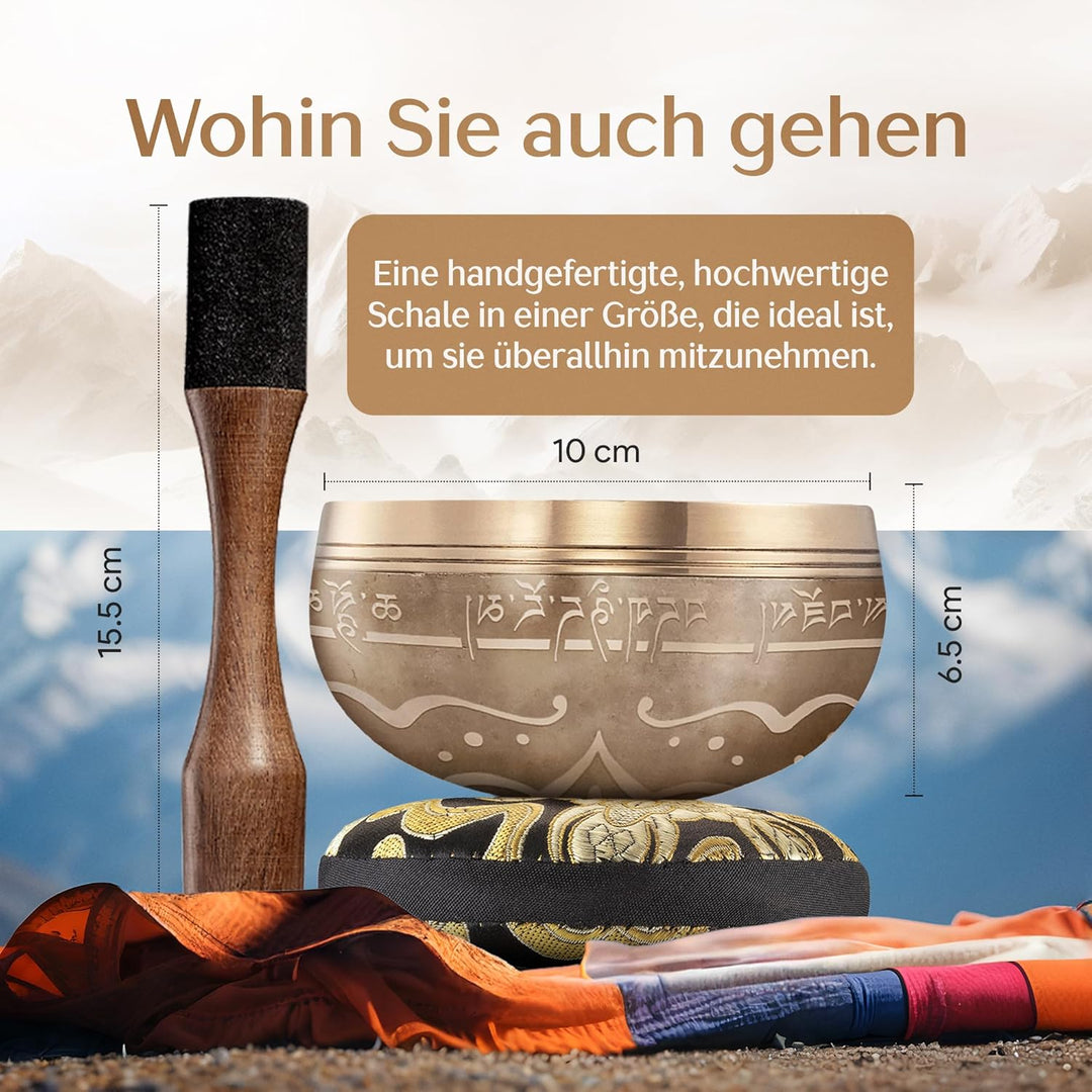 Silent Mind Klangschale Ø10cm Bronze – Handgefertigtes Komplett-Set mit Kissen und Klöppel, für Anfä