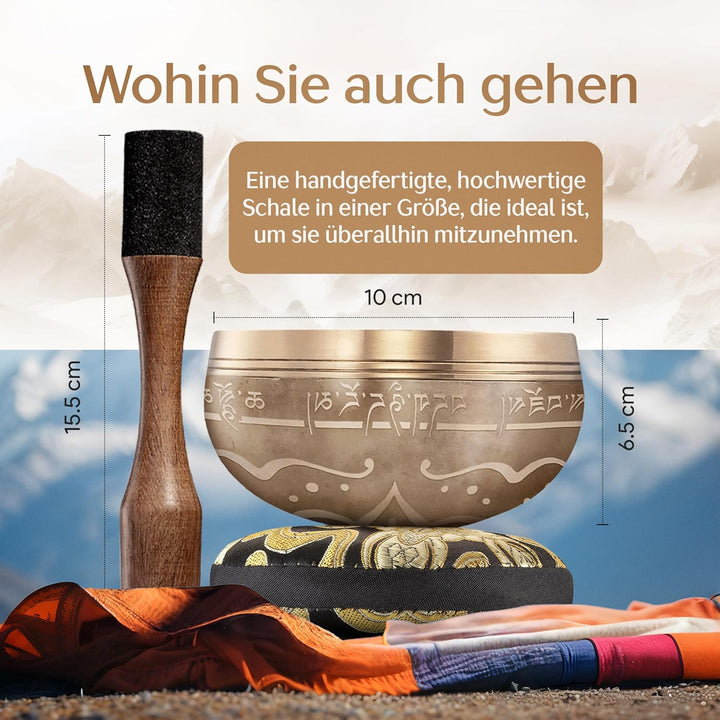 Silent Mind Klangschale Ø10cm Bronze – Handgefertigtes Komplett-Set mit Kissen und Klöppel, für Anfä