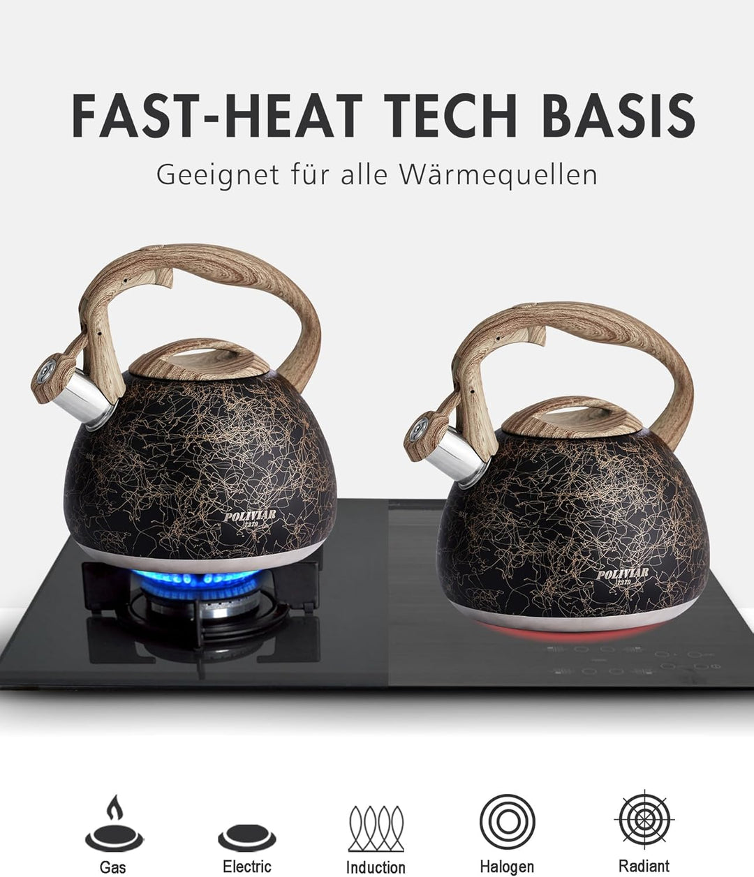 Poliviar Moderne Wasserkessel Induktion, Edelstahl Pfeifkessel, Teekessel für alle Kochplatten, Flöt