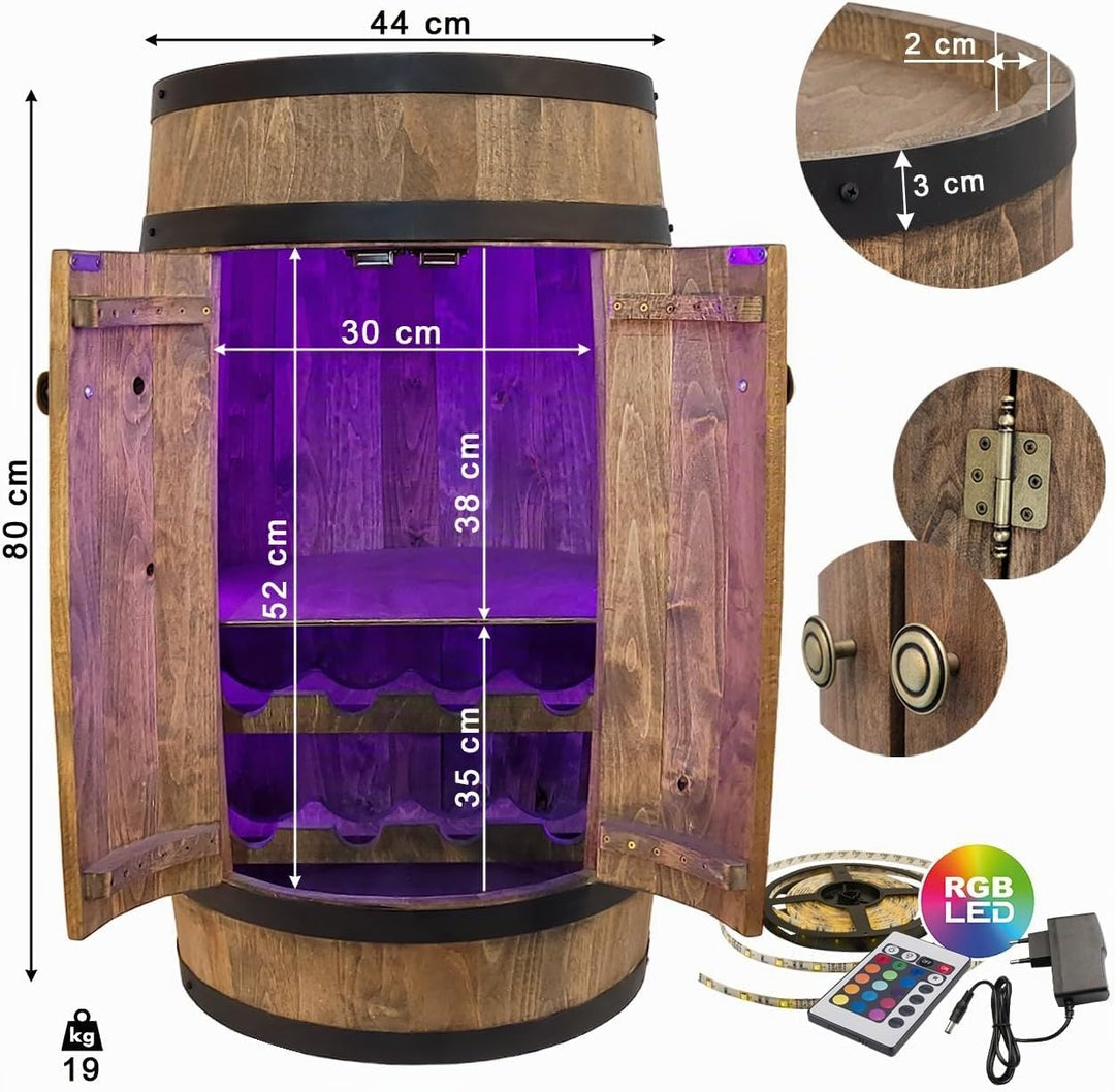 weeco Fassbar mit Tür und Weinregal RGB LED Beleuchtung, Hausbar Weinrack 80x50cm. Rustikaler deko B