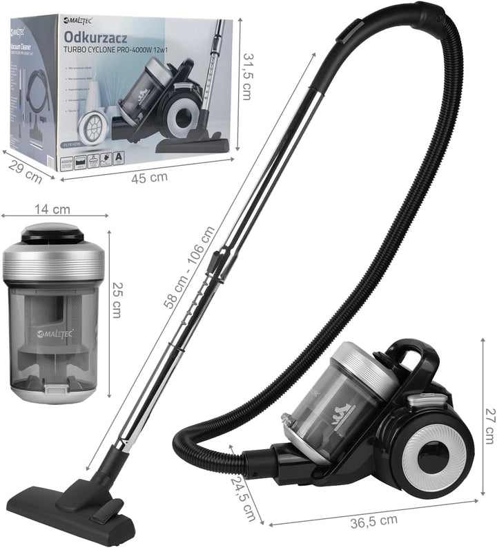 MalTec Staubsauger 2L Zyklonsauger mit HEPA-Filtern beutellos mit Set von Aufsätzen 4000W Bodenstaub