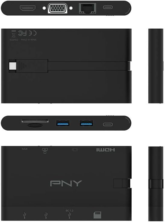 PNY All-In-One USB-C Mini Docking Station mit integriertem USB-C-Kabel mit 2xUSB-C, 2xUSB-A 3.1, 1xH