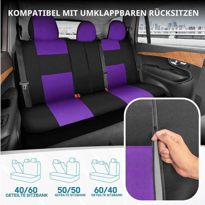 BDK PolyPro Autositzbezüge Komplettset in Lila auf Schwarz, vorne und hinten Geteilte Sitzbezüge für