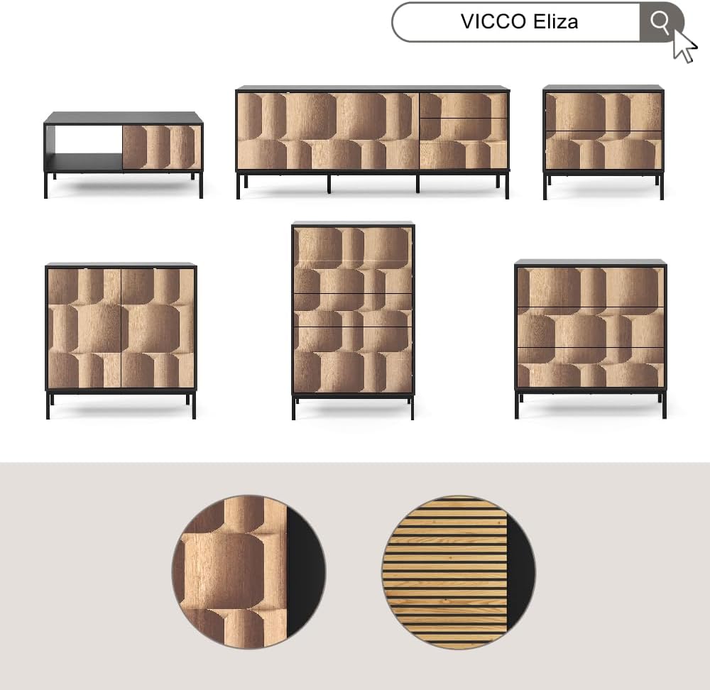 Vicco Couchtisch Eliza, Schwarz/Eiche, 90 x 50 cm mit Schublade, kombinierbar mit weiteren Möbeln de