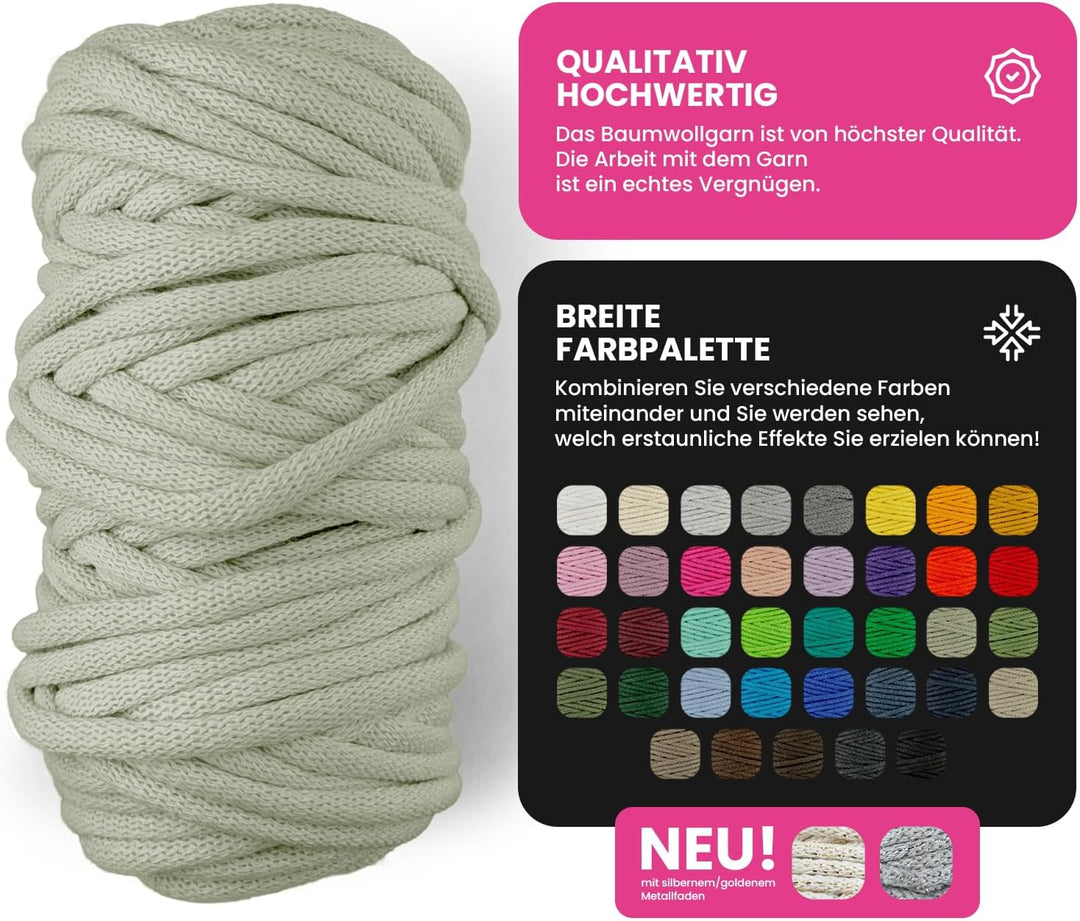Netuno 1x Makramee Garn Olivengrün 9 mm 50 m Baumwollkordel mit Polyesterkern Dickes Garn Makramee K