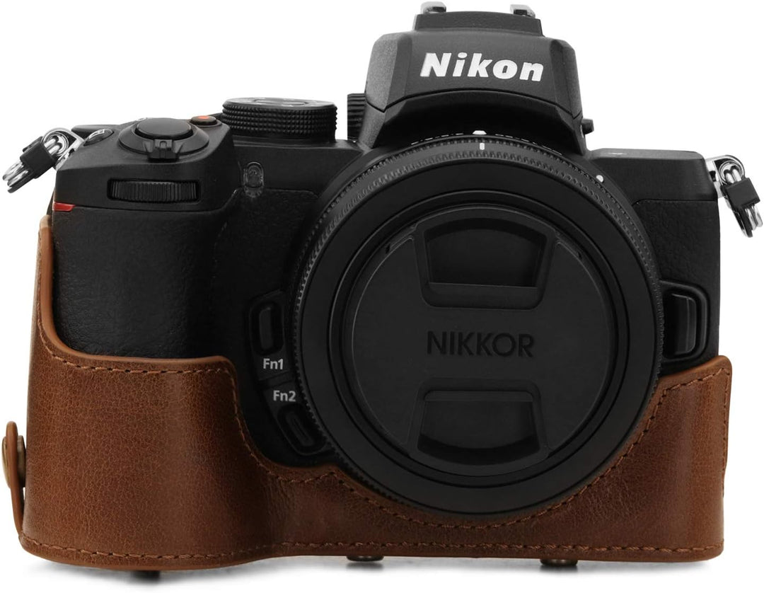 MegaGear Kameratasche aus echtem Leder, kompatibel mit Nikon Z50 (16–50 mm), Braun