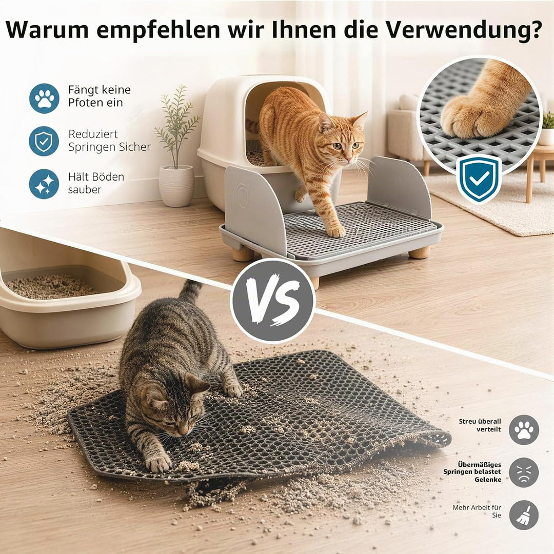 Katzenstreu Rampe mit Filterfunktion - rutschfeste Katzentoilettenstufe mit 4cm Hohe Holzfüsse - Kat