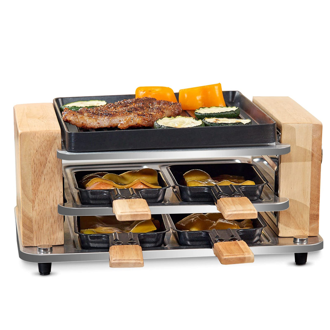 COKLAI Raclette Grill 4 Personen mit antihaftbeschichteter Gestreifte Grillplatte, mini Grill Raclet