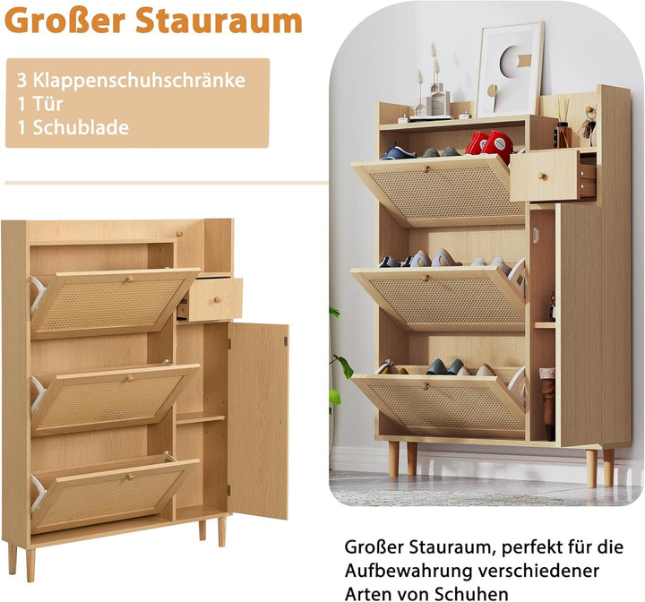 BTM Schuhschrank, Rattan Holz Schuhkipper mit 3 Klappen & Schublade & Tür & Massivholzbeinen, 90x17x