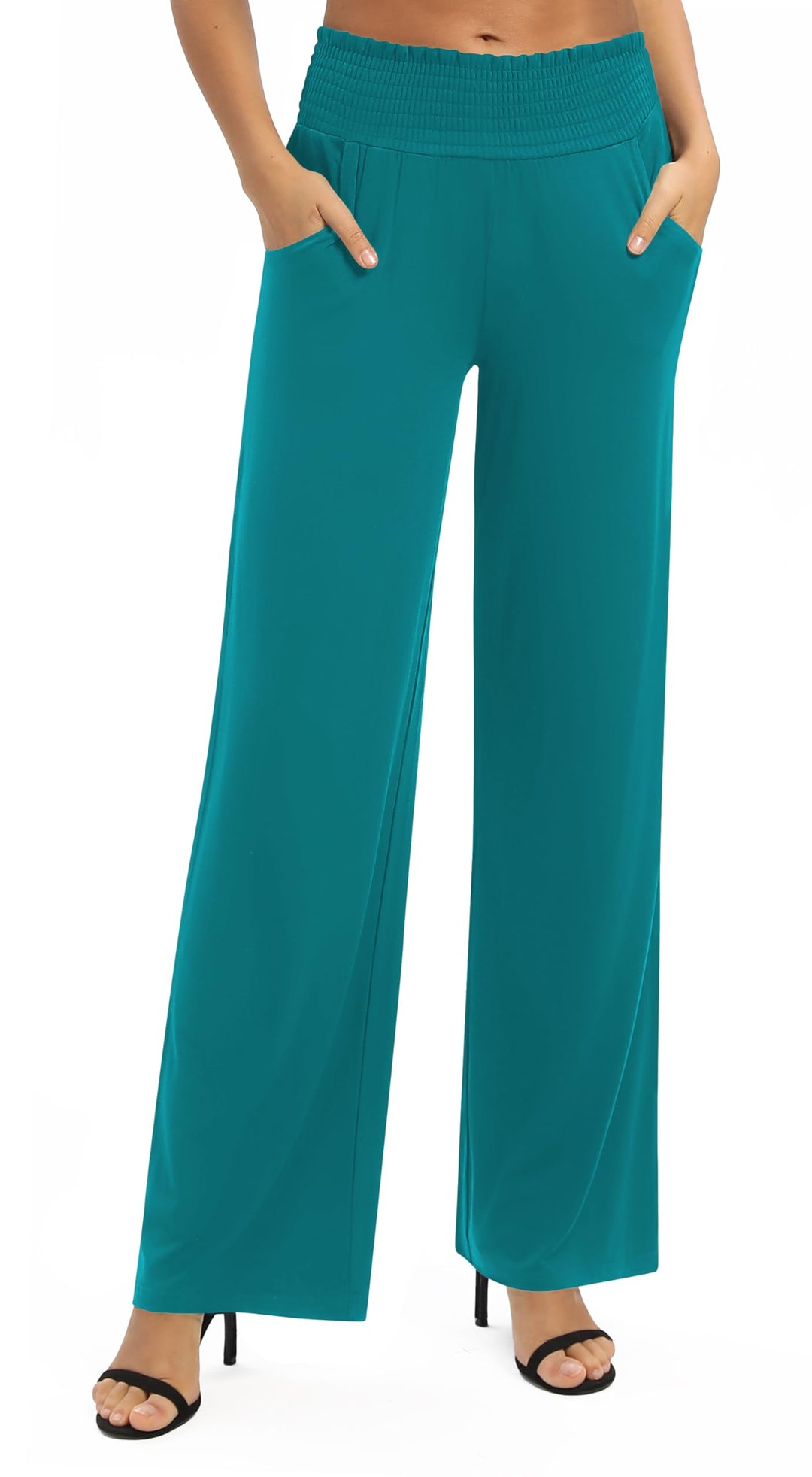 EXCHIC Damen Leichtgewicht Elastisch Hohe Taille Hose Casual Weite Bein Dehnbar Lounge Hosen mit Tas