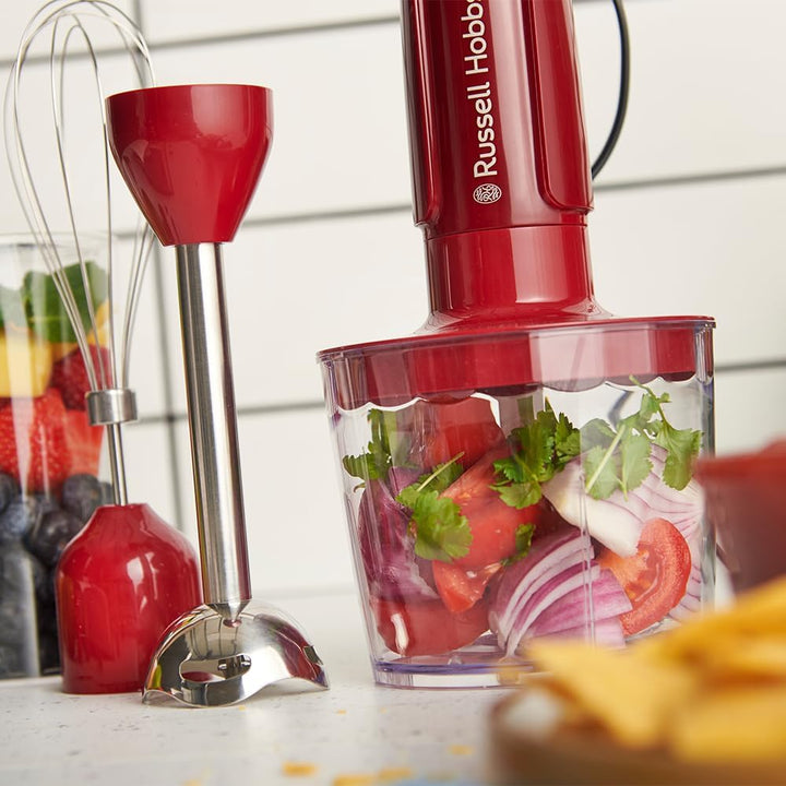Russell Hobbs Stabmixer [3-in-1: Mixer,Schneebesen & Zerkleinerer/Pürierstab] Desire Red (600ml Mixb