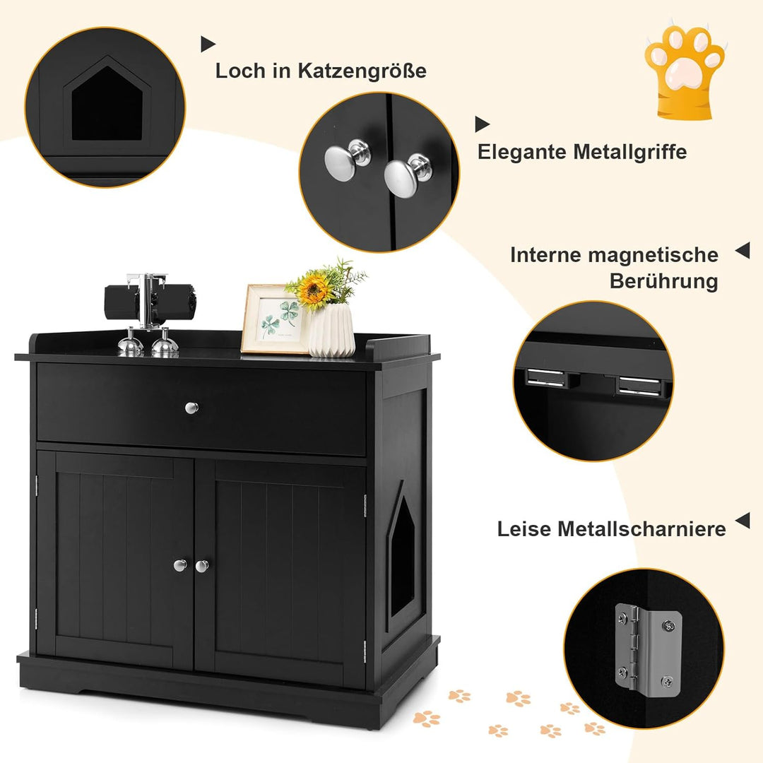 COSTWAY Katzenschrank mit Schublade & Tür & Eingang, 3-in-1 Katzenhaus Katzentoilette Beistelltisch,
