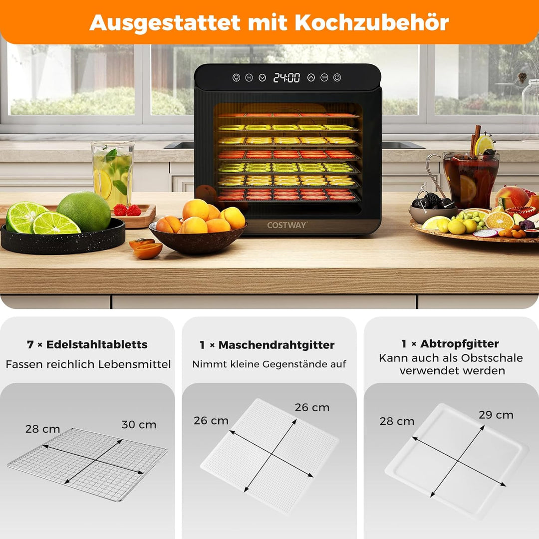 COSTWAY 600W Dörrautomat mit 7 Edelstahl-Schalen, Dörrgerät mit 24H Timer & 30-75℃ Temperatur,Trockn