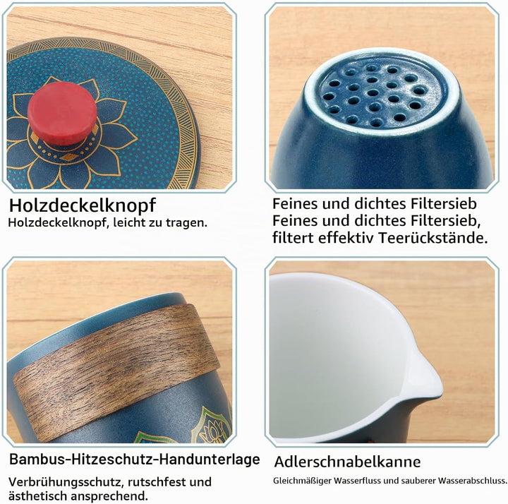 Teeset MIT SICHERER TRAGETASCHE - 5-tlg. Japanisches Porzellan-Set, Ideal für Unterwegs, Büro &amp; Gesc