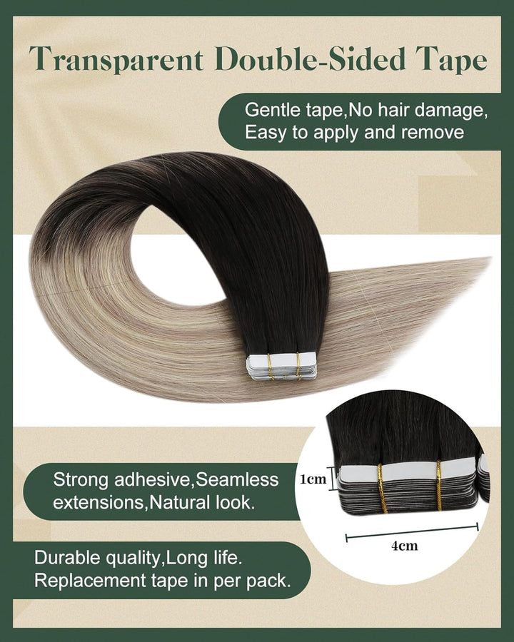 Ugeat 60cm Tape Extensions Echthaar Unsichtbar Balayage Tape Extensions Remy Echthaar 1B/18/60 Schwa
