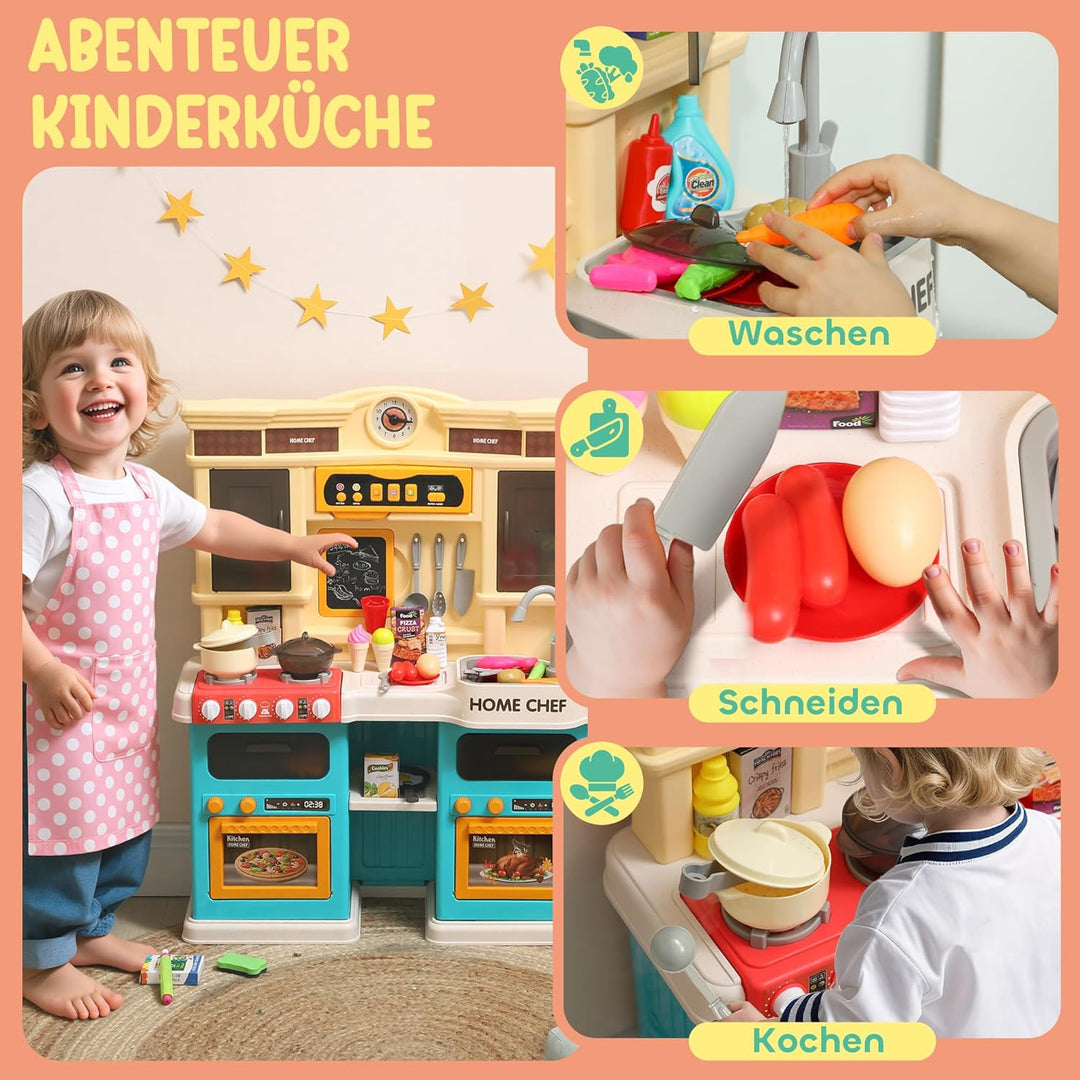 AIYAPLAY Kinderküche Spielküche mit fliessendem Wasser, elektrischem Wasserhahn, Lichtern und Geräus