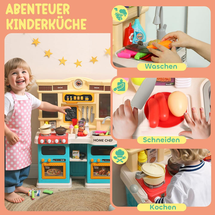 AIYAPLAY Kinderküche Spielküche mit fliessendem Wasser, elektrischem Wasserhahn, Lichtern und Geräus