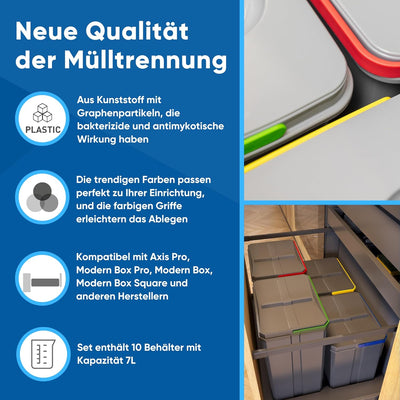 GTV - Abfallsammler AxiSpace, Mülleimer Kapazität 7 L, 10 Stück Set, für Schubladen/Schränke, aus Ku