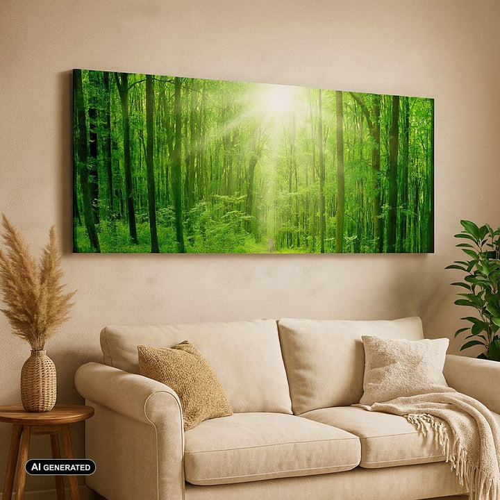 Panorama Bilder auf Leinwand 100x40cm Leinwandbild Sonnenstrahlen Wald Sommer Gross Wanddeko Bild Sc