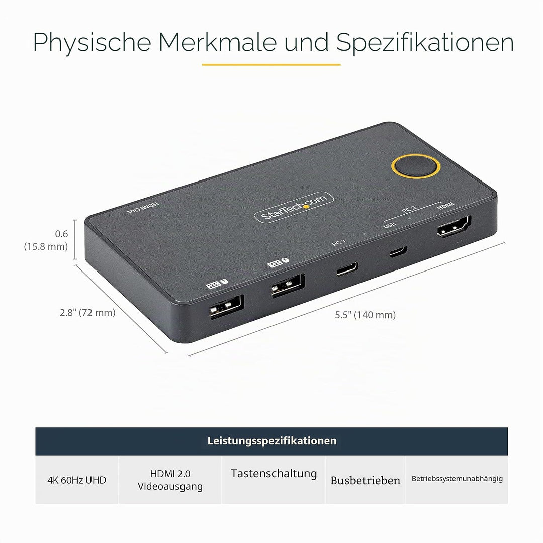 StarTech.com 2 Port Hybrid KVM Switch HDMI + USB-A & USB-C - 4K 60Hz HDMI 2.0 Monitor - Kompakter De