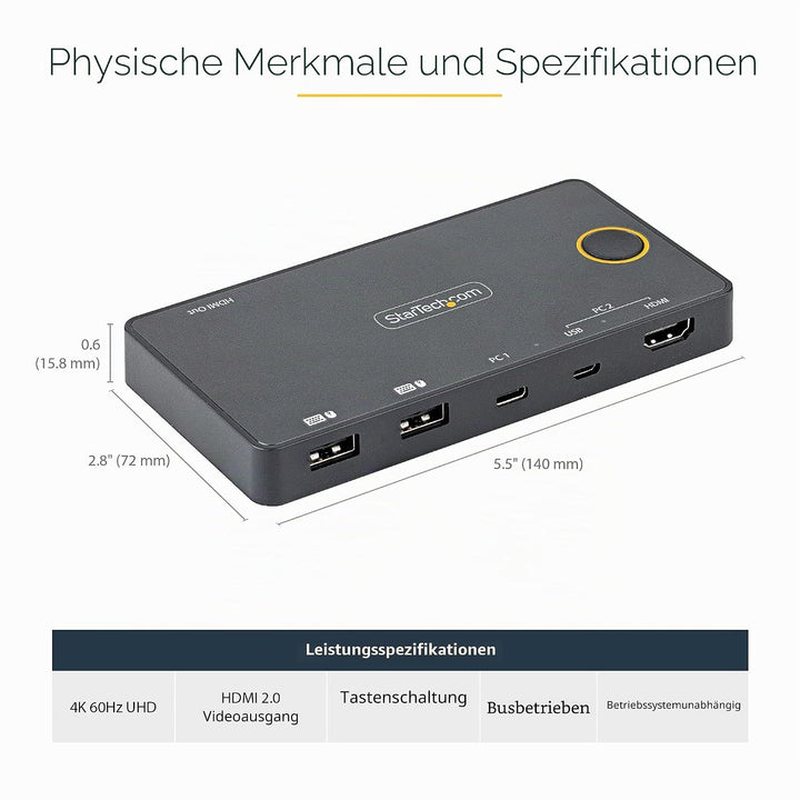 StarTech.com 2 Port Hybrid KVM Switch HDMI + USB-A & USB-C - 4K 60Hz HDMI 2.0 Monitor - Kompakter De