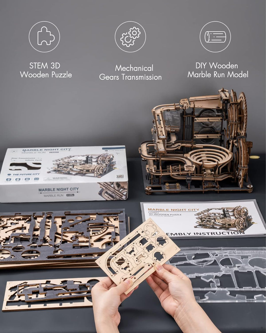 RoWood 3D Puzzle Nachtstadt Murmelbahn Modellbau aus Holz - DIY Holzpuzzle Kugelbahn Bausatz Modellb