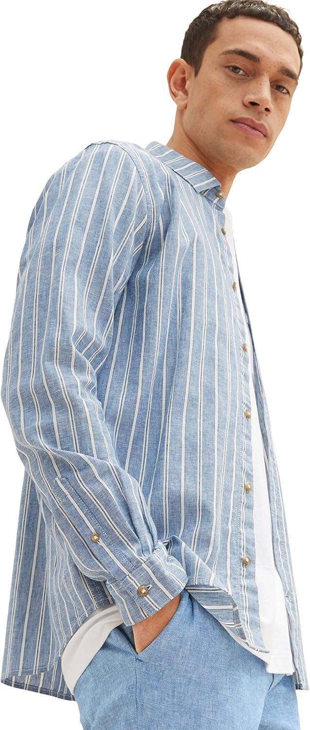 TOM TAILOR Herren Hemd mit Muster aus Leinen, 31246 - Blue Off White Navy Stripe