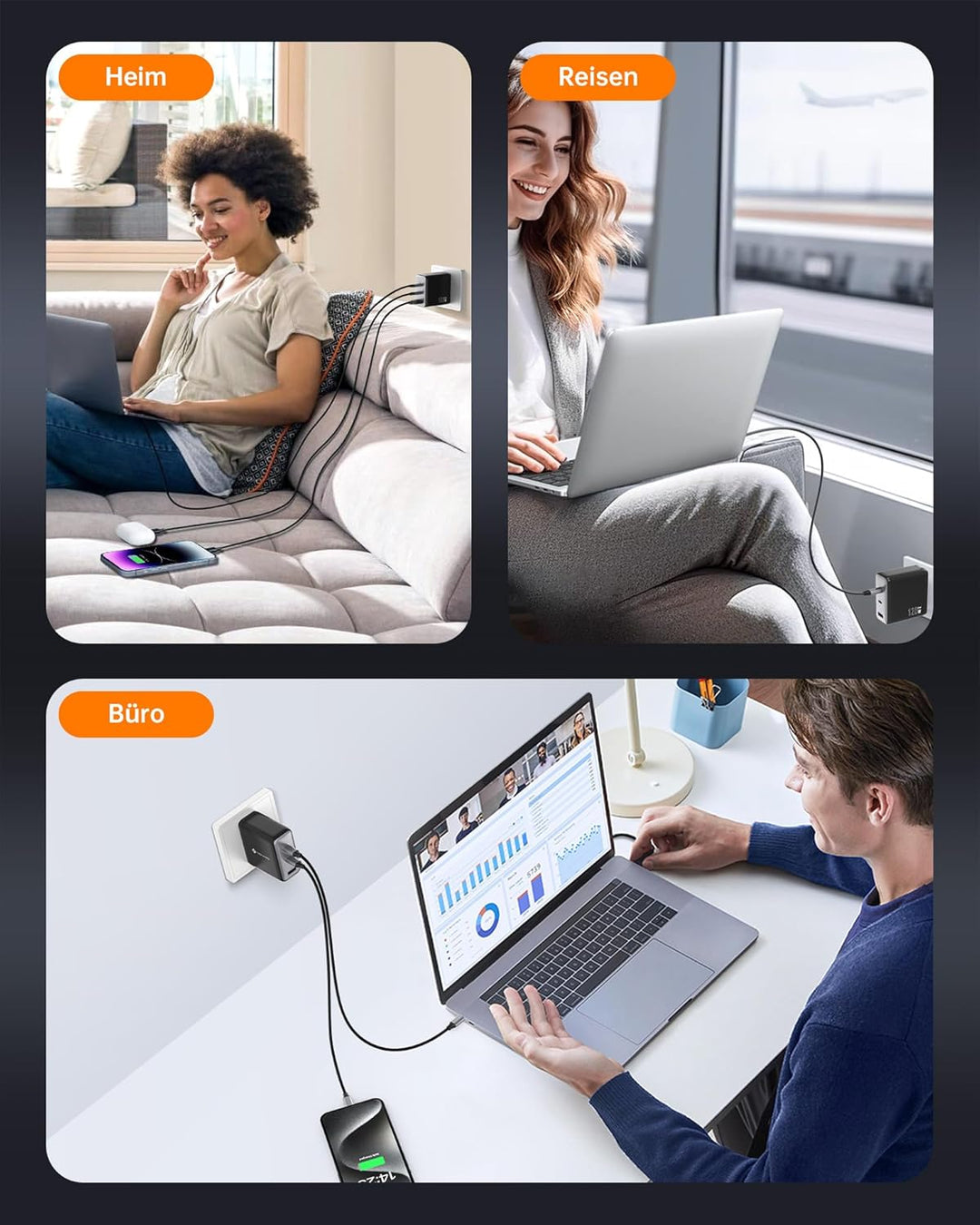 NOVOO 120W USB C Ladegerät GaN Ⅲ 3-Port USB C Netzteil Schnellladegerät mit 2 PD 100W Typ-C-Kabeln W