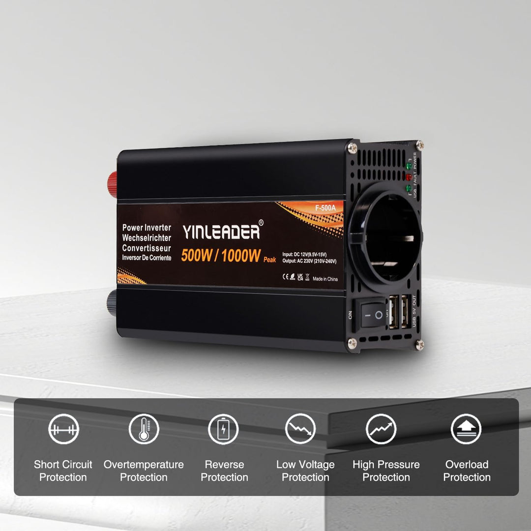 Yinleader Wechselrichter 500W DC 12V auf 230V AC und 1 EU Steckdose 2 USB KFZ-Spannungswandler, 500W