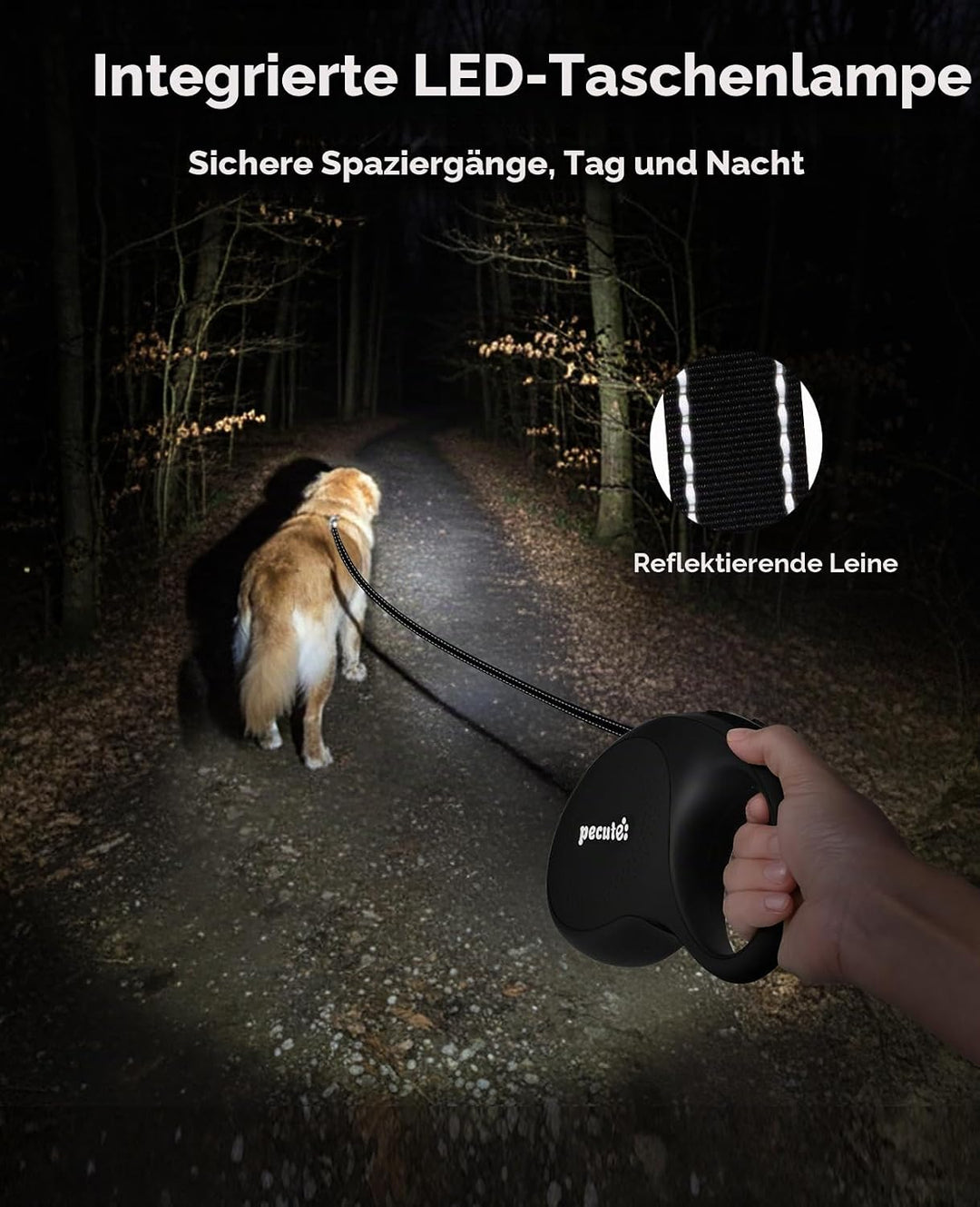 Pecute Hundeleine 8m, Rollleine für Hunde mit LED-Licht, 360° Verknotungsfreier verlängerter Leine,
