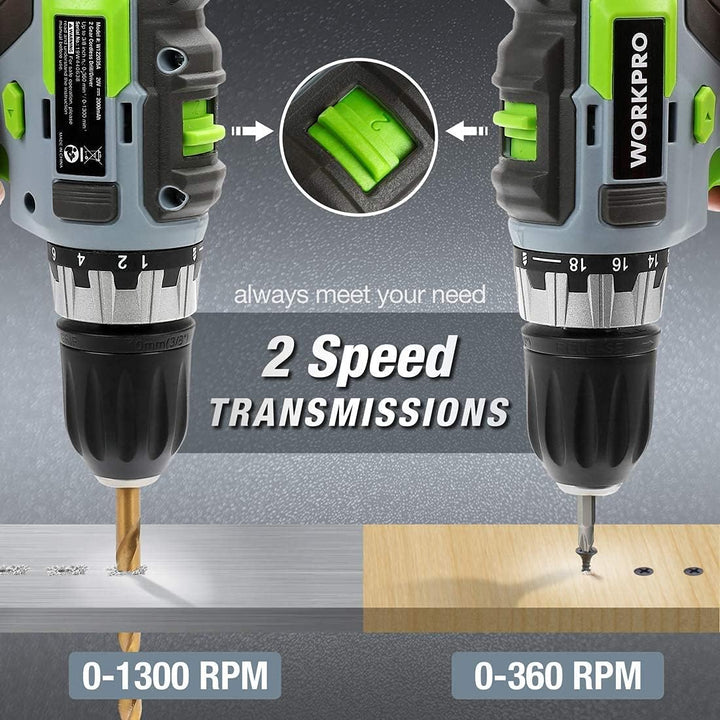 WORKPRO Akkuschrauber 18V/20V Akku-Bohrschrauber mit 16 Zubehör, Drehmoment 25NM und variable Drehza
