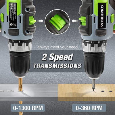 WORKPRO Akkuschrauber 18V/20V Akku-Bohrschrauber mit 16 Zubehör, Drehmoment 25NM und variable Drehza