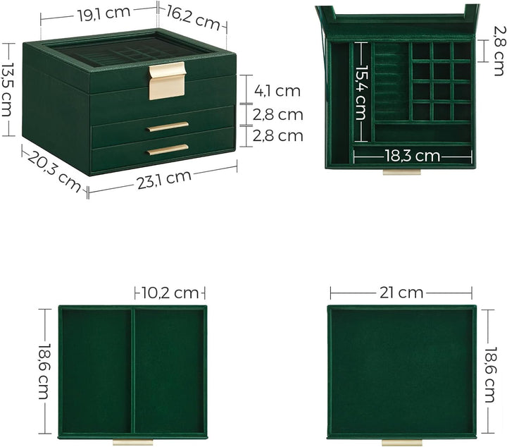 SONGMICS Schmuckkästchen, Schmuckkasten mit 3 Ebenen, Schmuckbox mit Glasdeckel, 2 Schubladen, Schmu