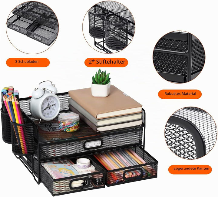 Vikmyer 3-Trays Desktop Organizer mit Schublade, Mesh Büro Schreibtisch liefert Organizer Dokumenten