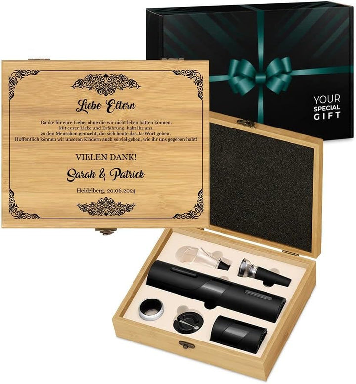 Maverton 6er Weinset in Geschenkbox mit Aufdruck - Flaschenöffner Set - elektrischer Weinöffner - We