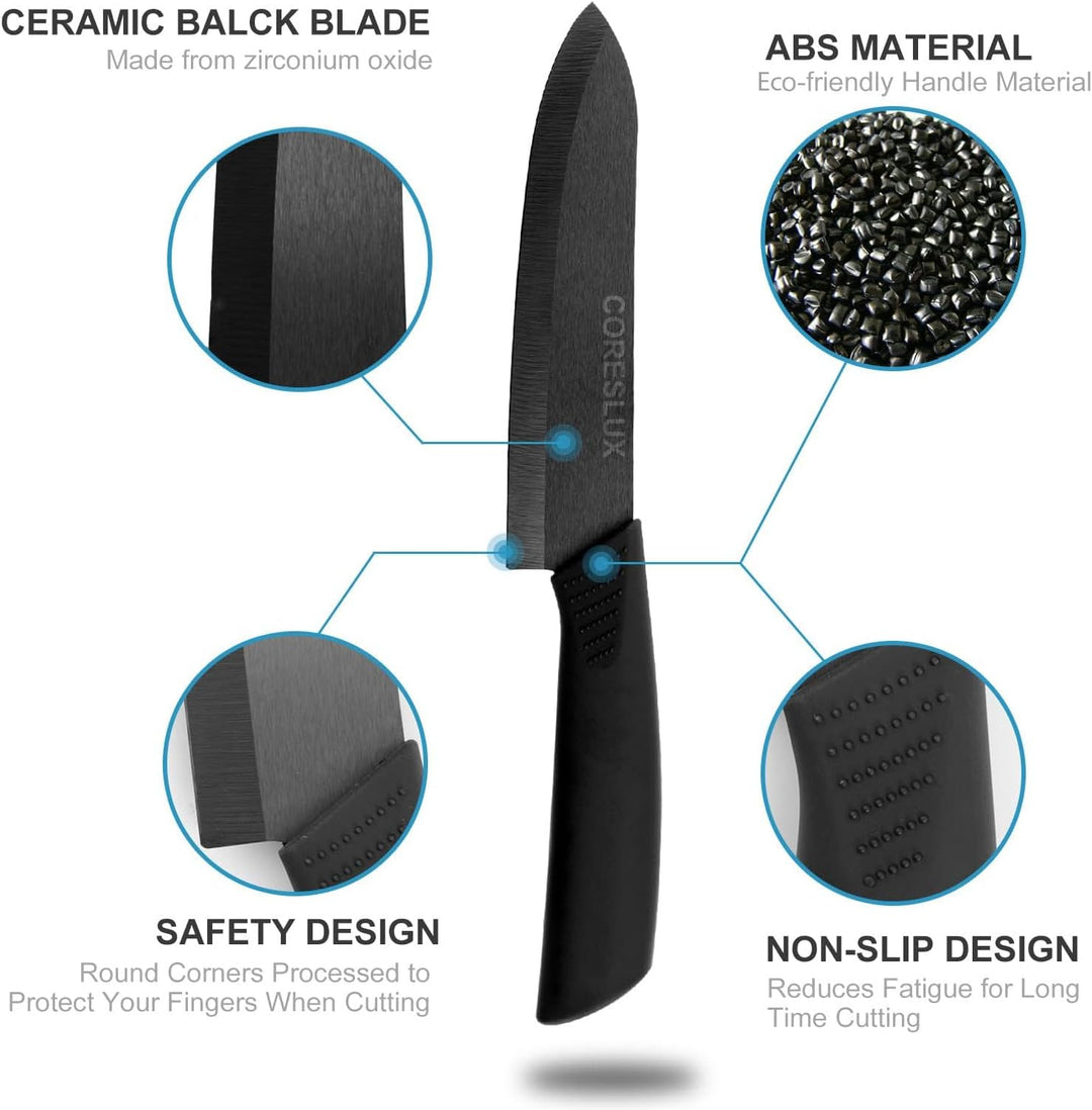 CORESLUX Keramikmesser Set, 4 Keramik Küchenmesser Set mit 1 Sparschäler, Antihaftbeschichtet, Schar
