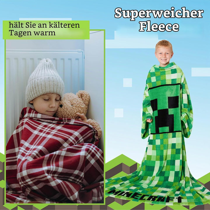 Minecraft Decke mit Ärmeln für Jungen - Decke zum Anziehen für Kinder und Teenager - Onesize Decke m