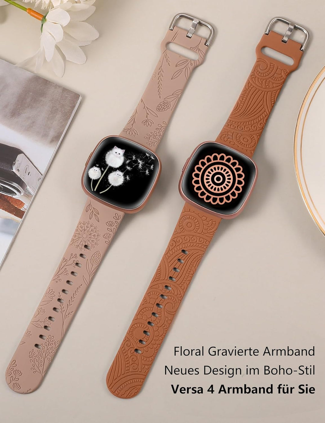 TOYOUTHS 2 Stück Floral Gravierte Armband kompatibel mit Fitbit Versa 4/Versa 3/Sense 2/Sense Armban