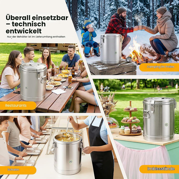 Transport Thermobehälter für Essen, 10/20/30L Gastro Warmhaltebehälter Isolierter Edelstahl Thermobo