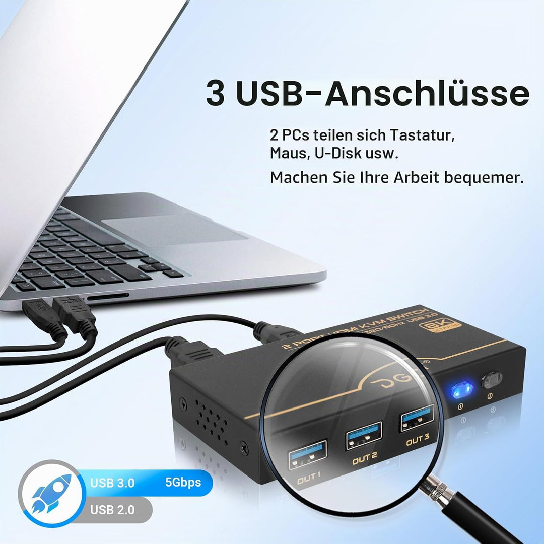 8K 60Hz HDMI 2.1 KVM Switch 4K 120Hz, 2 Port Box KVM Switch mit USB 3.0 für 2 Computer 1 Monitor, di