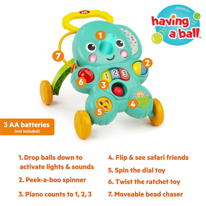 Bright Starts, Rollator für die ersten Schritte, 2 in 1 mit Stroll 'n Roll Ball, Elefant mit Lichter