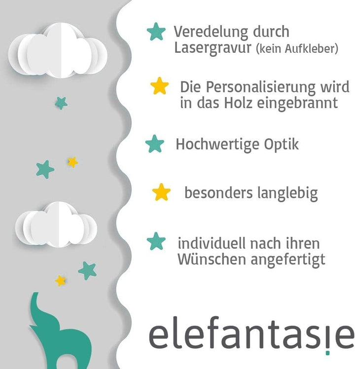 Elefantasie Stapelturm aus Holz Bär personalisierbar mit Name und Geburtsdaten Baby Geschenk mit Gra