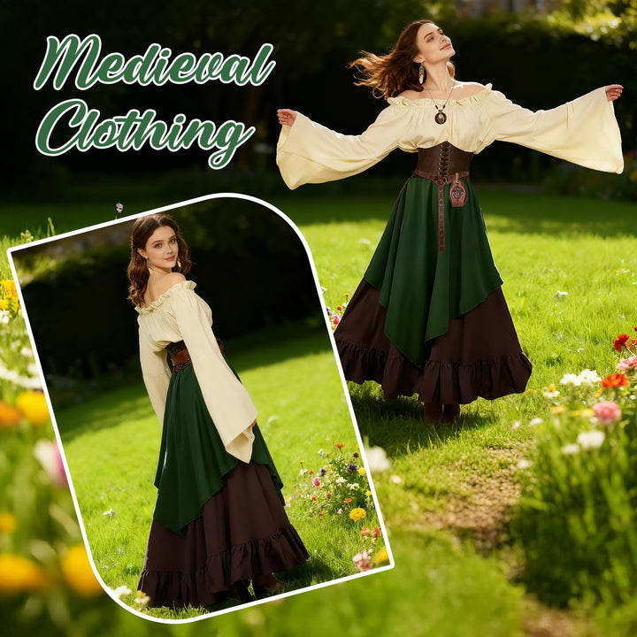Mittelalter Kleidung Damen Set, Renaissance Kostüm und Retro Off Shoulder Bluse mit Corsett, Gürtelt