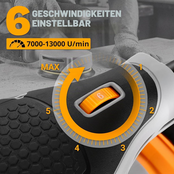 DEKOPRO 300W Exzenterschleifer, 125mm Schleifmaschine mit 6 Geschwindigkeiten(7000-13000U/min), 16 S